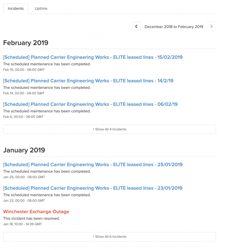 Network Status Page Historic Incidents